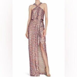 ML Monique Lhuillier Maxi Dress Halter Sequined Sleeveless Gown Pink Purple size
